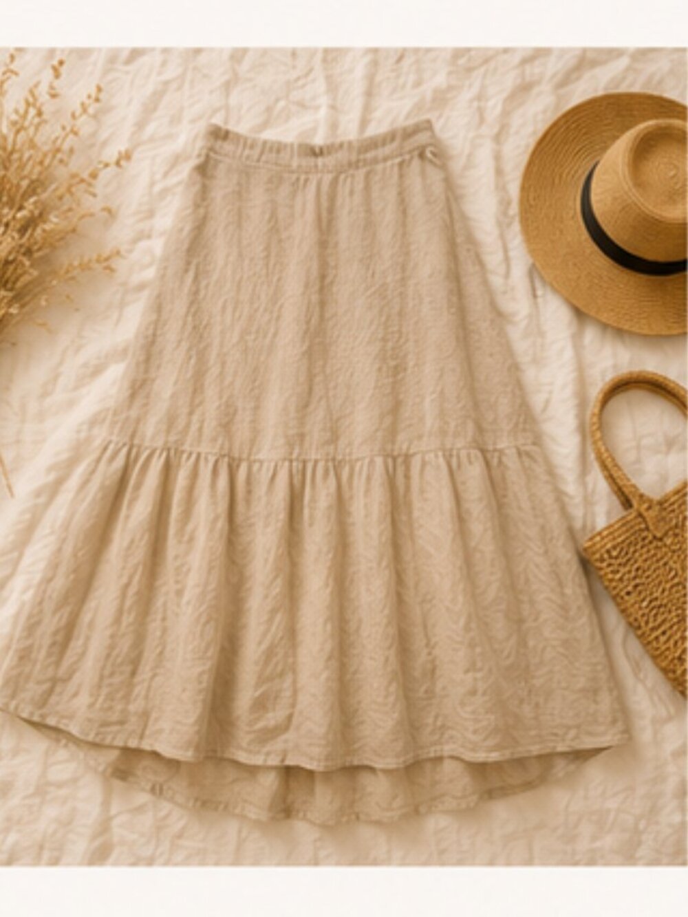 Made in Italy Linen Cotton Tiered Maxi Skirt Neutral Boho Resort Quiet Luxury M - Picture 3 of 10